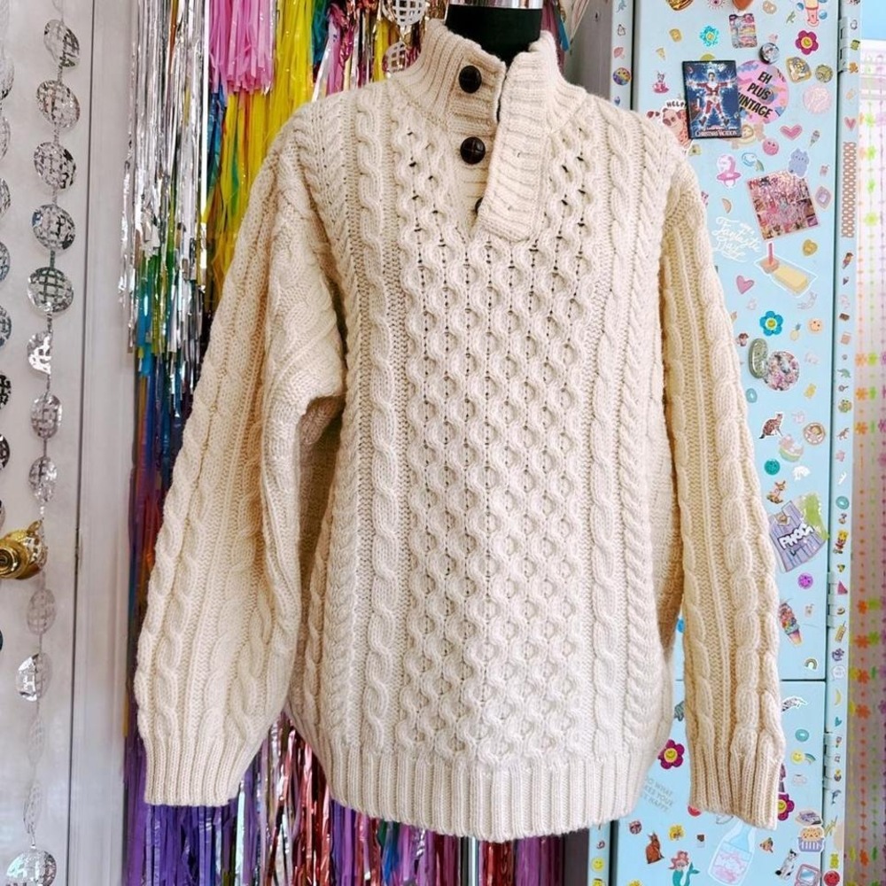 L.L.Bean wool cream cable knit sweater with buttons - Picture 3 of 4
